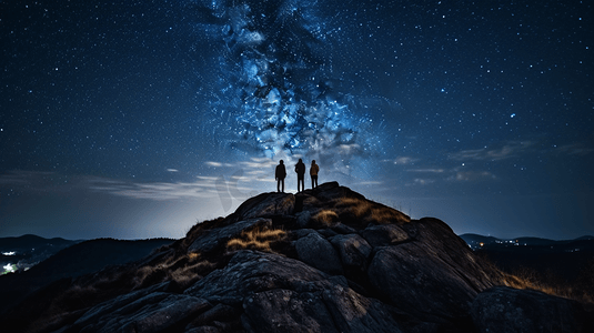 人们站在繁星点点的岩石山上