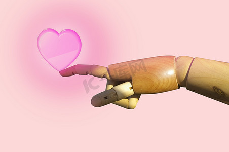 木娃娃食指手上的心形触摸，概念情人节