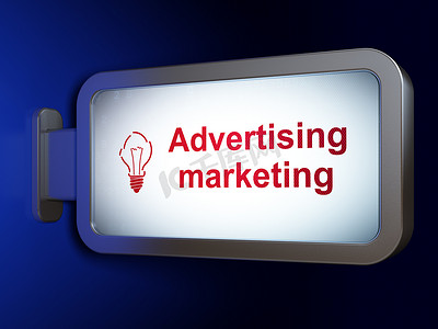 经营理念： 广告牌背景上的广告营销和灯泡