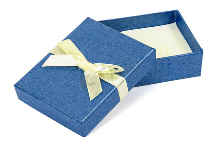 黄色丝带摄影照片_有黄色丝带的蓝色装饰礼物盒