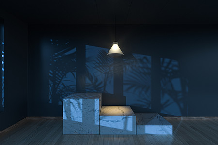 空房间和大理石静物画、木地板和天花板灯，3d 渲染。