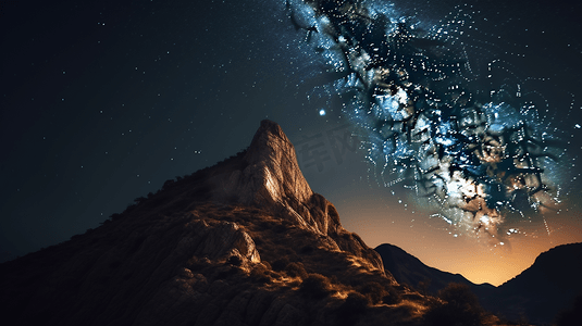 夜晚星星星空摄影照片_布满星空的棕色山崖