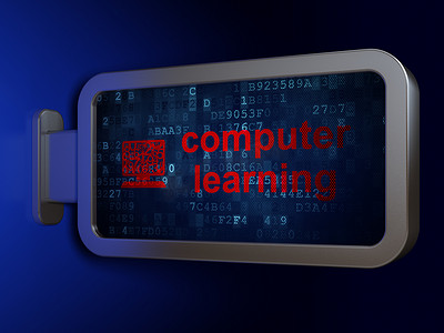 红色学习海报摄影照片_学习理念：广告牌背景上的计算机学习和计算机 Pc
