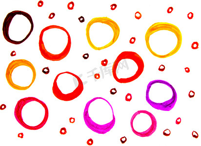 具有圆点手绘圆圈、红色和黄色环的水彩纹理，在白色背景中突显