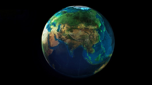 从太空看地球的一天一半，显示非洲、亚洲和大洋洲。