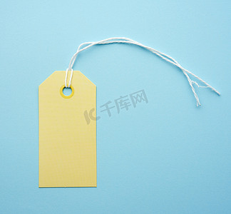 优惠券蓝色摄影照片_用白色绳子绑着的空黄纸标签