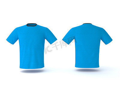 三模板摄影照片_蓝色 T 恤模板，背景隔离。