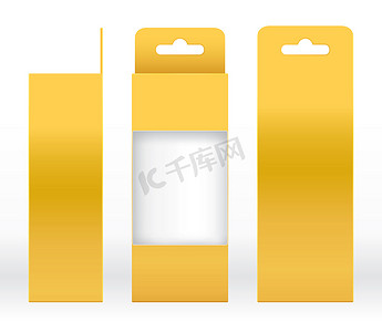 海参包装设计摄影照片_挂盒金色窗口形状切出包装模板空白。