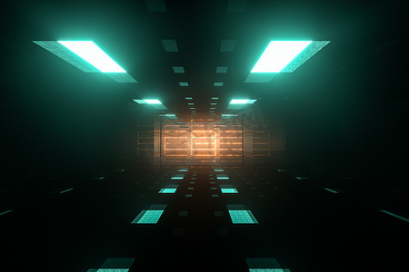 黑暗的光滑隧道与发光的顶灯，幻想场景，3d 渲染。