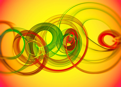 假日玻璃透明彩虹弯曲螺旋和 sircles 在黄色橙色抽象背景。