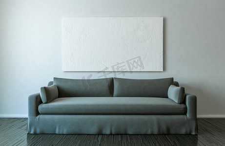 油画样机摄影照片_空房间模型中的空白画布和沙发 — 3D 插图