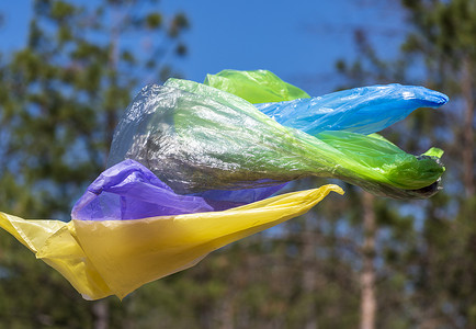 空垃圾塑料袋在森林里飞