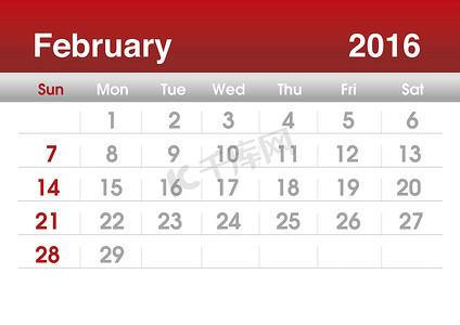 2016 年日历。2016 年 2 月的规划日历。
