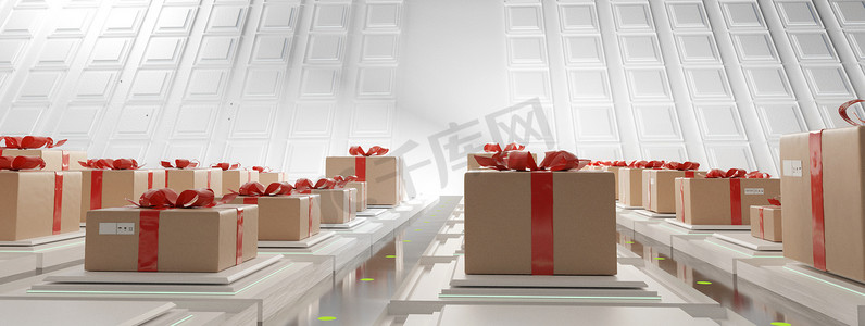 礼盒包装摄影照片_带蝴蝶结 3d-illustr 的节日礼盒包装中心