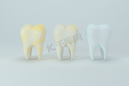 美白牙齿图标摄影照片_牙齿颜色从黄色变为白色，3d 渲染。
