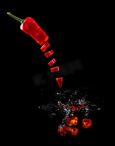茄子摄影照片_西红柿、辣椒粉和茄子片落入水中，黑色背景