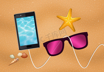 海滩上的智能手机