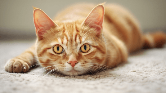 地毯猫摄影照片_橙色猫猫躺在灰色地毯上