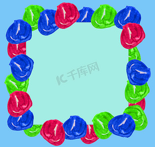 水彩球以蓝色和绿色圣诞背景上的框架形式出现。