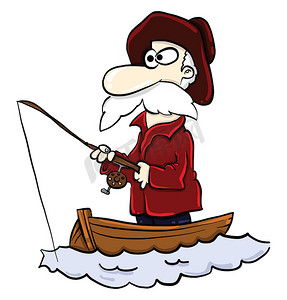 船上的老渔夫，插图，白色背景上的矢量