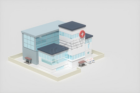 具有白色背景、抽象概念、3d 渲染的医院模型。