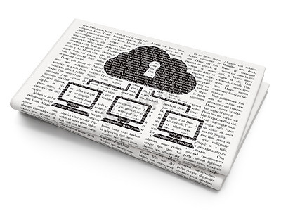隐私的概念： 报纸背景上的云网络