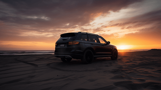 夕阳下灰色沙滩上的黑色SUV