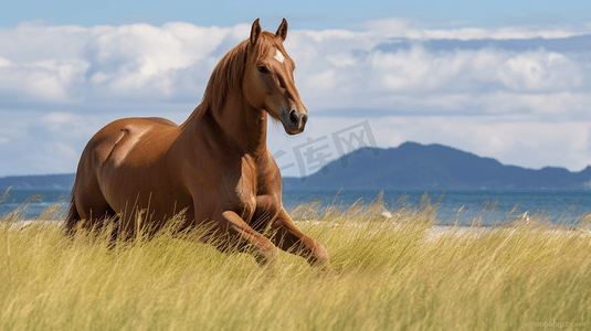 坐在草地摄影照片_海滩边草地上的棕马