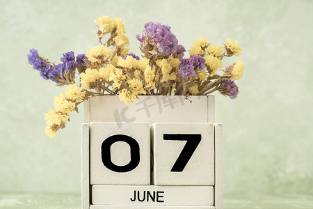 6 月的白色立方体日历，绿色背景，带复制空间