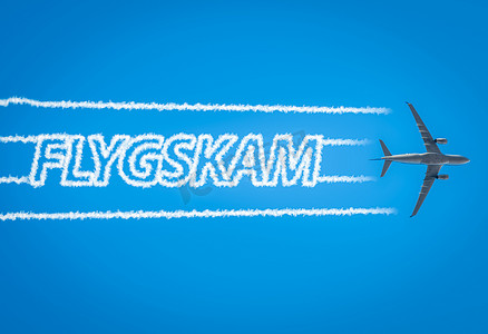 尾迹摄影照片_飞机离开喷气尾迹，里面有 Flygskam 字样