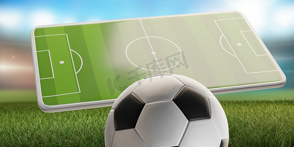 足球和手机 3d 插图背景