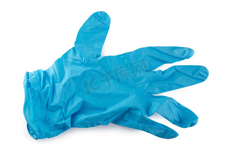 医疗清洁摄影照片_白色背景下隔离的医疗用蓝色橡胶手套