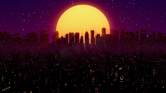 赛博朋克风格摄影照片_80 年代夜城合成波 VJ 赛博朋克背景与霓虹灯、太阳和星星