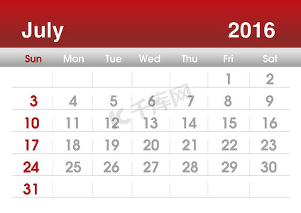 2016 年日历。2016 年 7 月的规划日历。