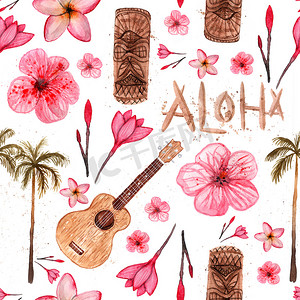 夏威夷符号 - Luau、Aloha、Tiki、Ukulele、Plumeria、芙蓉、棕榈树。