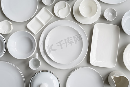 成堆的白色陶瓷盘子和灰色背景中的餐具顶视图