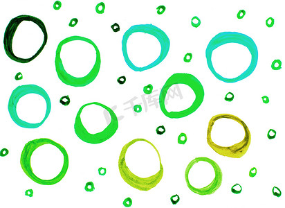 水彩纹理，圆点手绘圆圈，白色背景中突显的绿色和橄榄环