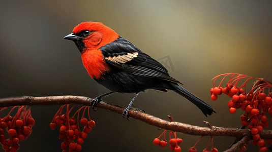 白天棕色树枝上的黑红相间的鸟