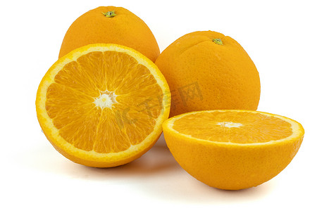 新鲜脐橙摄影照片_在白色背景隔绝的新鲜的脐橙。