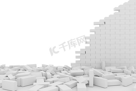 3D 渲染破坏白色背景上的白色砖墙