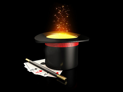 扑克牌3d摄影照片_3d 渲染魔术帽与闪耀、魔杖和扑克牌