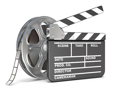 电影拍板摄影照片_电影卷轴和电影拍板。