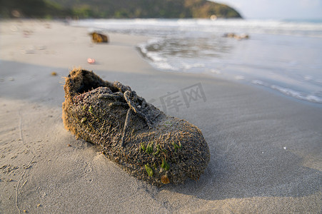 黄帝的传说摄影照片_海边长满苔藓的旧鞋