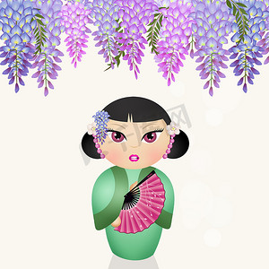 日本木芥子娃娃和紫藤花