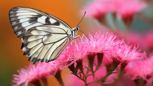 粉色花朵上的黑白相间的蝴蝶