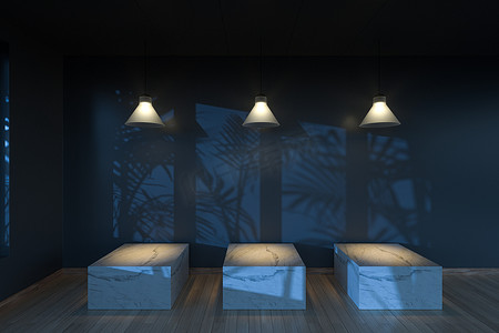 空房间和大理石静物画、木地板和天花板灯，3d 渲染。