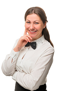 白色背景中一位微笑的美丽女服务员的画像