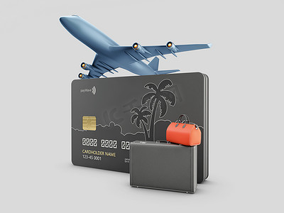 旅游行李卡片摄影照片_带行李的信用卡手提箱 3d 渲染，包括剪切路径