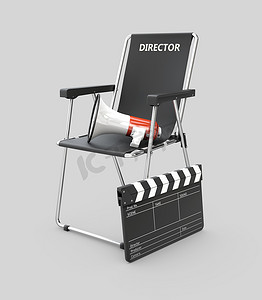 带拍板和扩音器的电影导演椅的 3d 插图