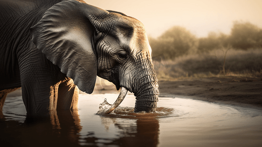大象喝水摄影照片_从水中喝水的大象